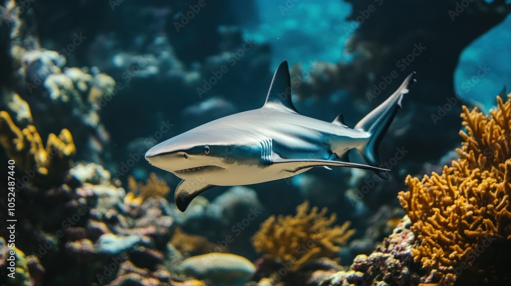 Fototapeta premium A grey reef shark swims gracefully through a vibrant coral reef, its sleek body and sharp fins a testament to its predatory nature.