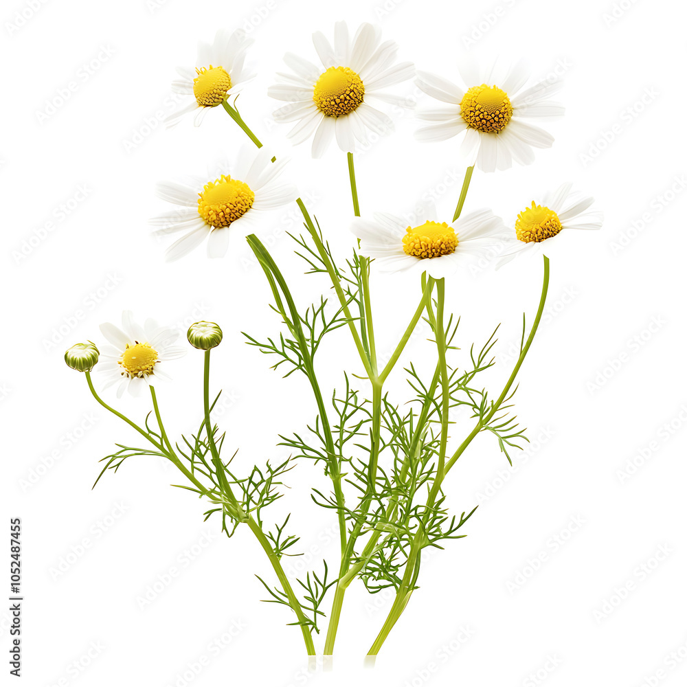 Obraz premium Delicate Chamomile Flower Close-up on White Background for Herbal Remedy Focus