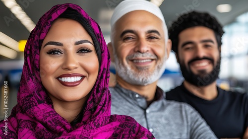 Three people of Middle Eastern descent smile for the camera, a woman wearing a hijab is on the left.