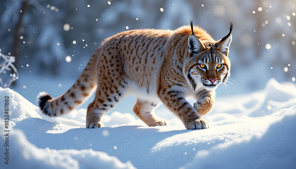 Lynx walking gracefully in a snowy landscape during winter season Lynx walking gracefully in a snowy landscape during winter season
