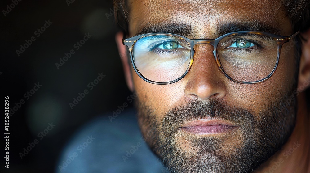 A close-up portrait of a man with striking blue eyes and glasses, reflecting intense focus and confidence in natural lighting A close-up portrait of a man with striking blue eyes and glasses, reflecting intense focus and confidence in natural lighting