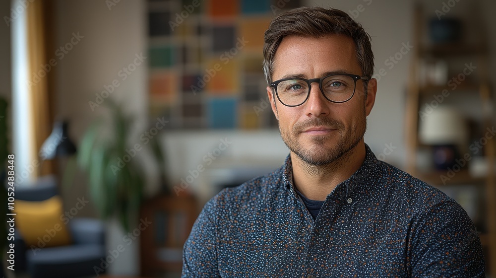 A confident man with glasses in a cozy living room smiling warmly for the camera during a sunny afternoon A confident man with glasses in a cozy living room smiling warmly for the camera during a sunny afternoon