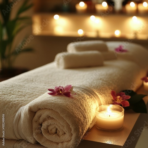 Relaxing spa setup with candles and towels arranged for a soothing massage experience photo