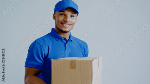 Smiling Delivery Man in Blue Uniform Holding Package on White Background
 photo