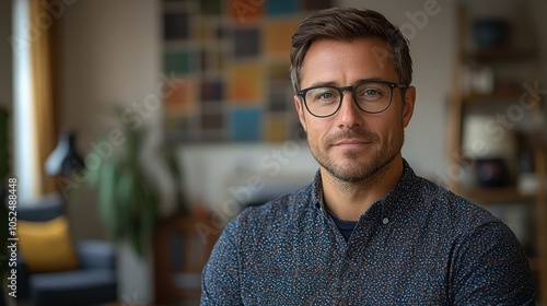 A confident man with glasses in a cozy living room smiling warmly for the camera during a sunny afternoon