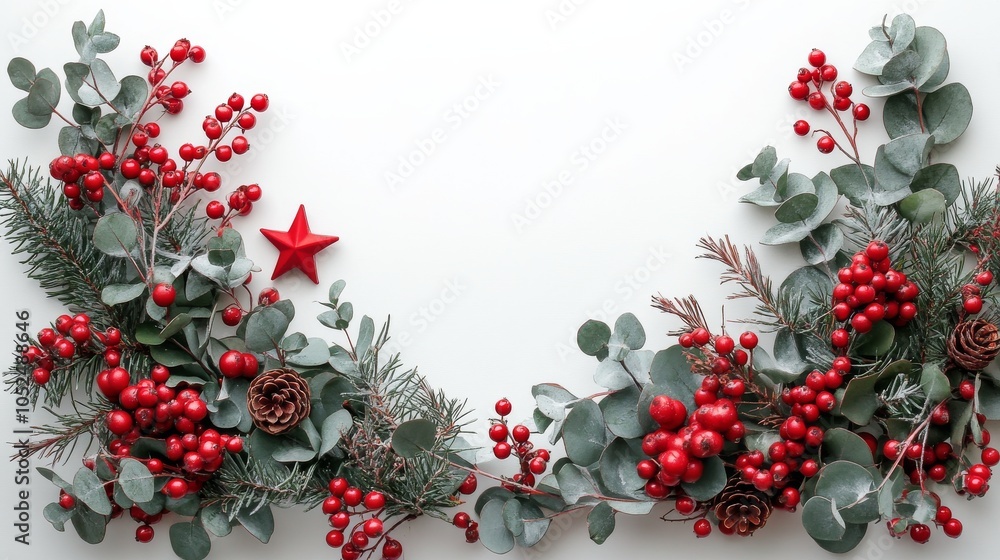 Festive arrangement with red decorations and eucalyptus leaves for a holiday celebration Festive arrangement with red decorations and eucalyptus leaves for a holiday celebration