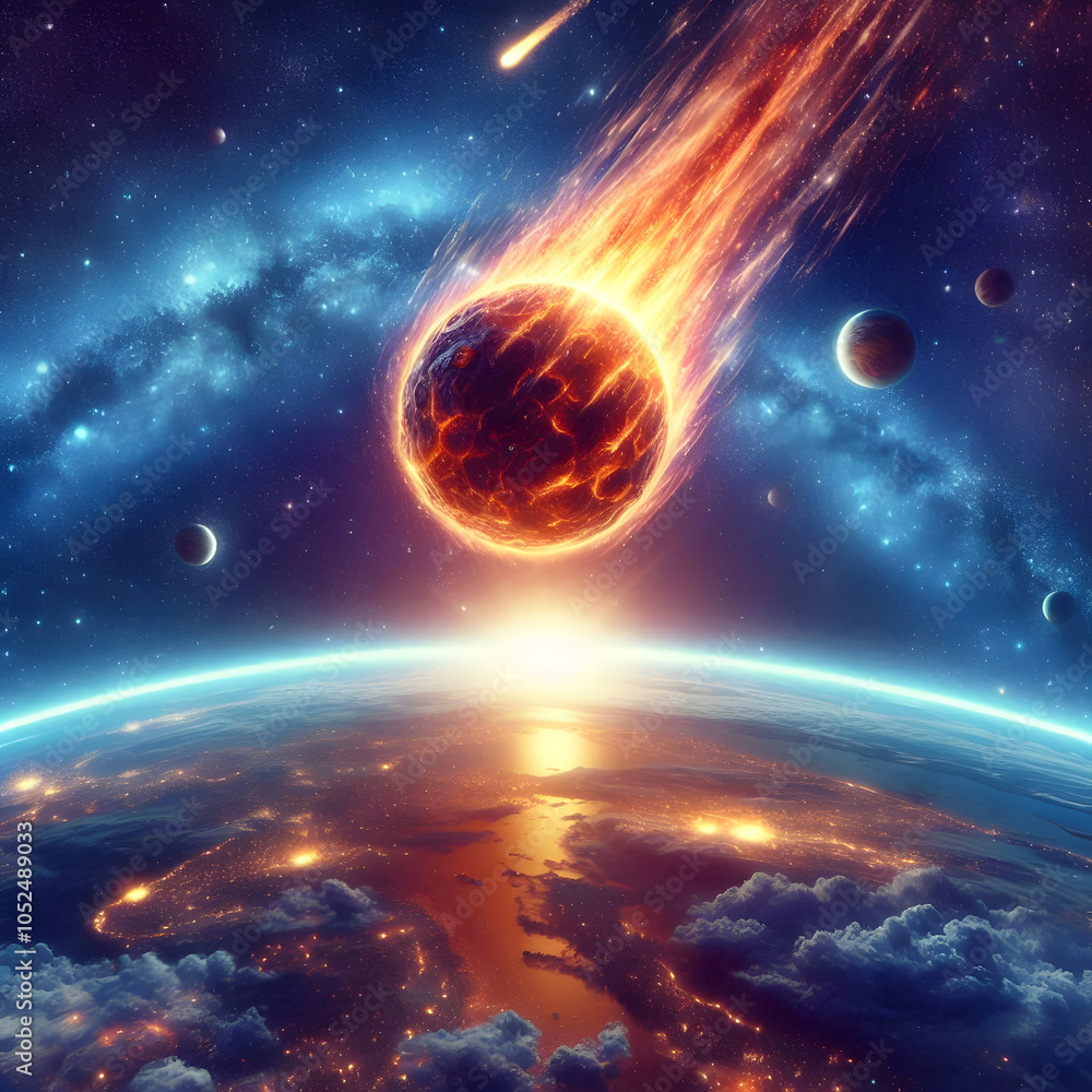 Fototapeta premium flame of fire falling out from planet into solar system 1