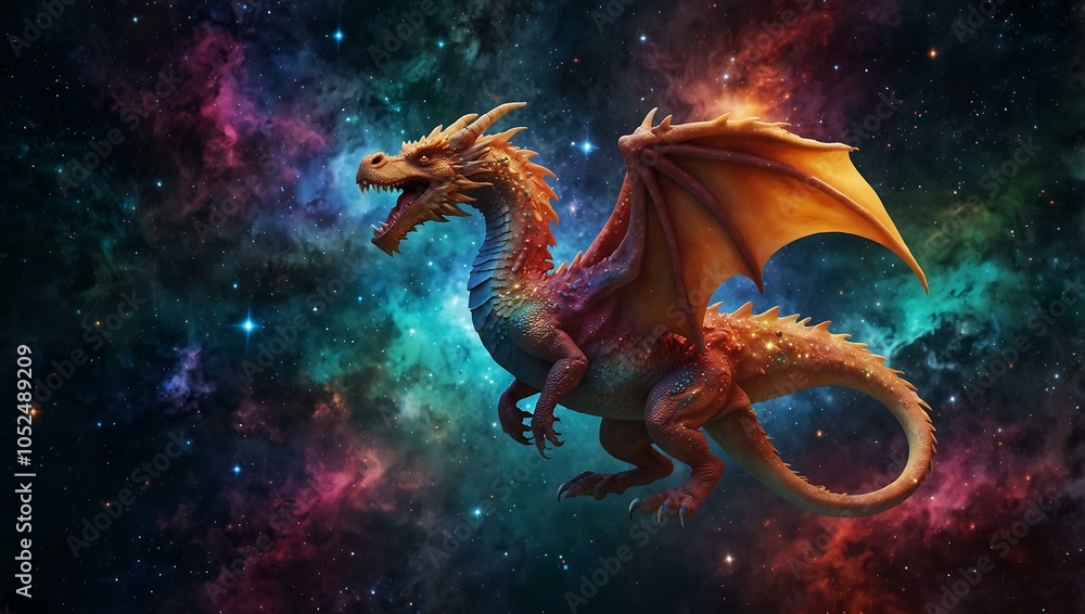 Fantasy dragon in colorful outer space. Fantasy dragon in colorful outer space.