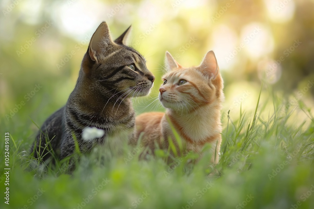 A tabby cat and a ginger cat share a peaceful moment sitting in a sunlit grassy field, enjoying the sunlight. A tabby cat and a ginger cat share a peaceful moment sitting in a sunlit grassy field, enjoying the sunlight.