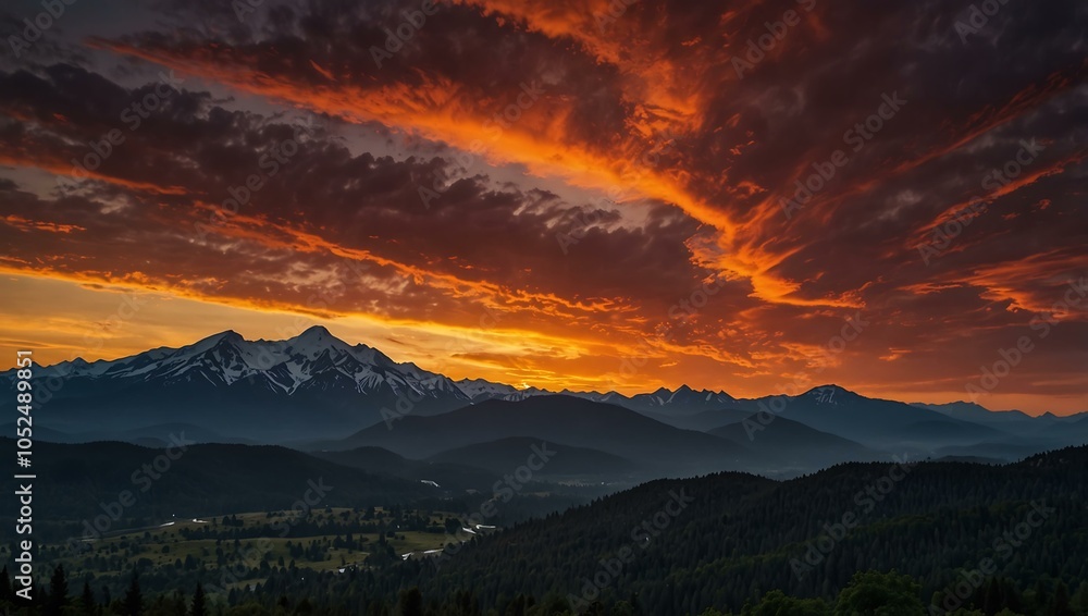 Fiery sunset over a majestic mountain range. Fiery sunset over a majestic mountain range.