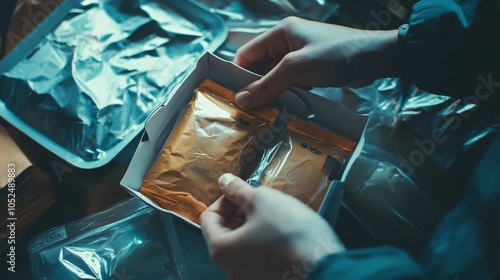 A low-angle view of someone opening the emergency food rations, with the background softly blurred for context. photo