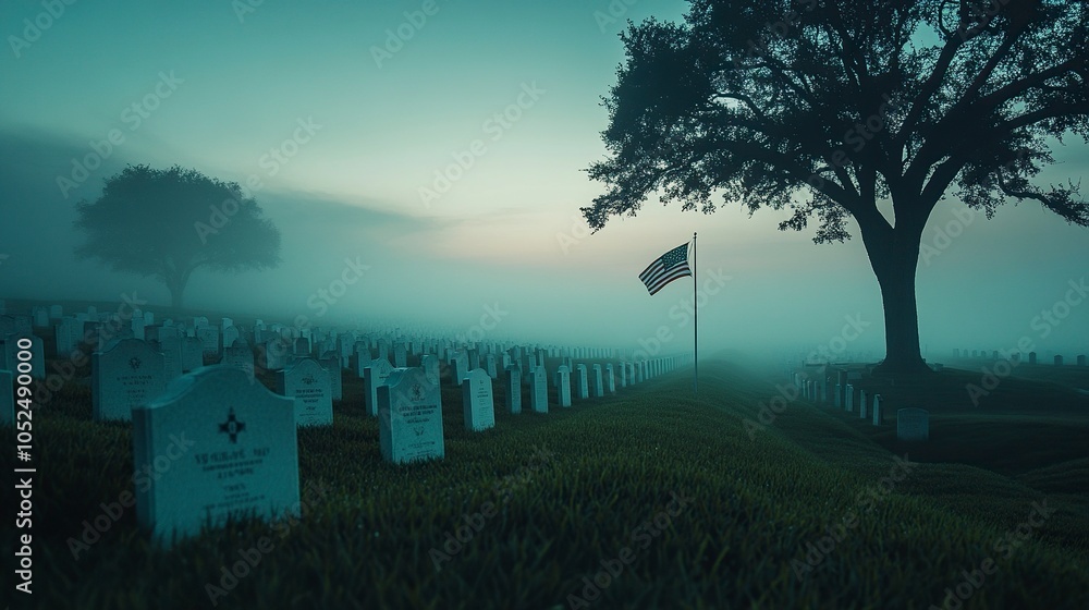 Commemorative background for Veterans Day, depicting a serene military cemetery at dawn. Rows of white headstones are aligned perfectly under a soft morning light, generative ai Commemorative background for Veterans Day, depicting a serene military cemetery at dawn. Rows of white headstones are aligned perfectly under a soft morning light, generative ai