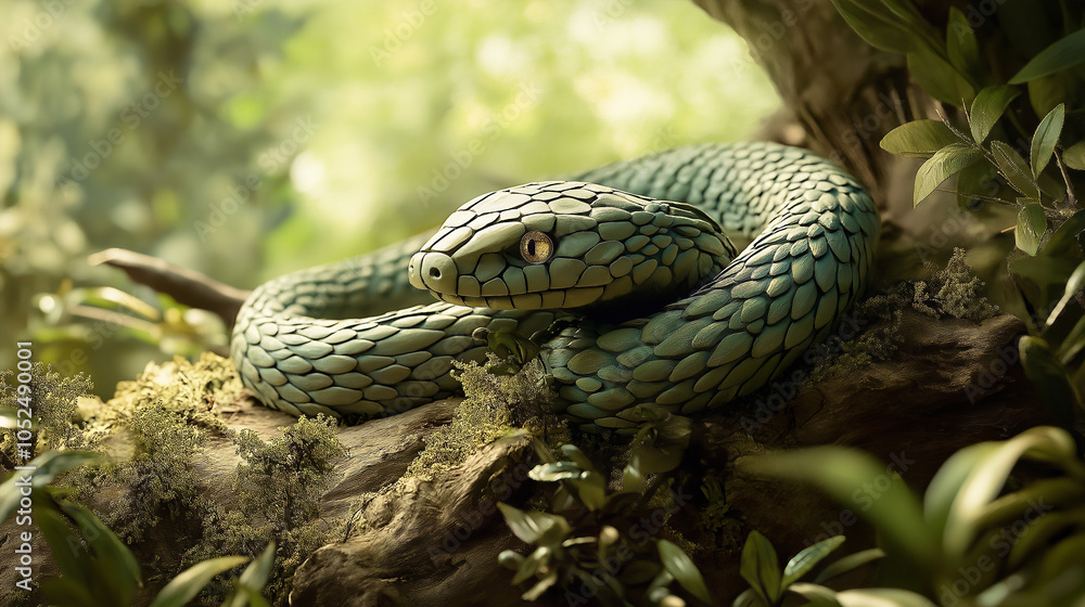 Fototapeta premium 2025 is the Year of the Green Wooden Snake. Intricately Carved Green Wooden Snake in Lush Forest – Detailed Scales and Realistic Wood Texture in Natural Leafy Surroundings with Playful Lighting Effect
