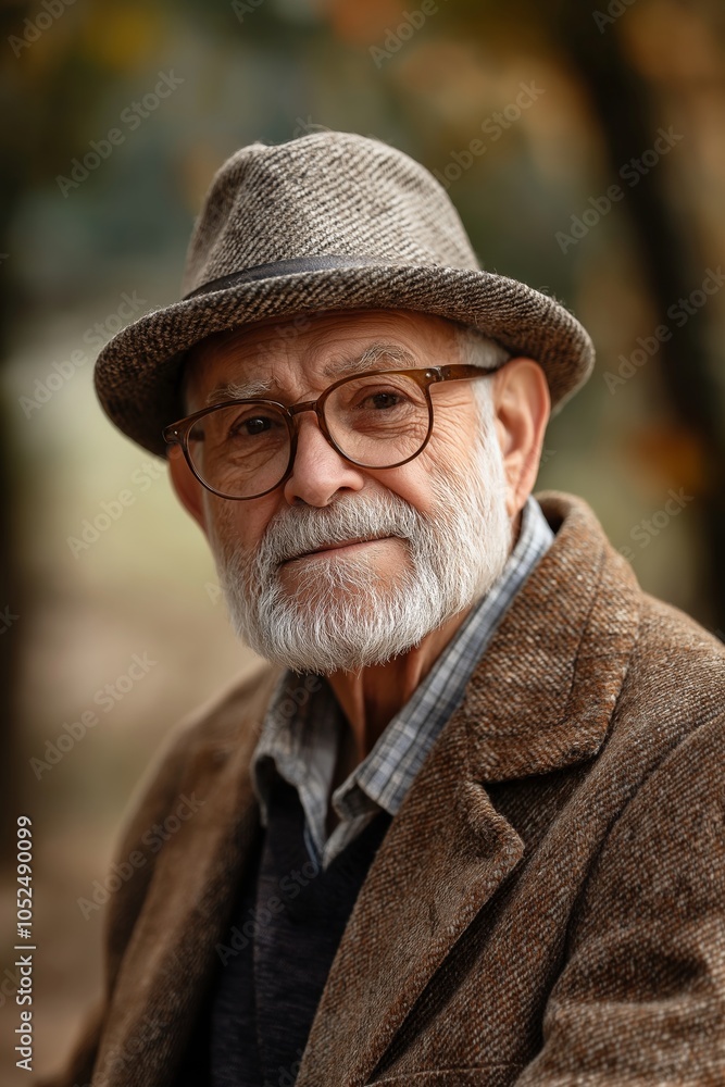 An older gentleman with a beard wears glasses and a classic hat, surrounded by fall foliage. An older gentleman with a beard wears glasses and a classic hat, surrounded by fall foliage.