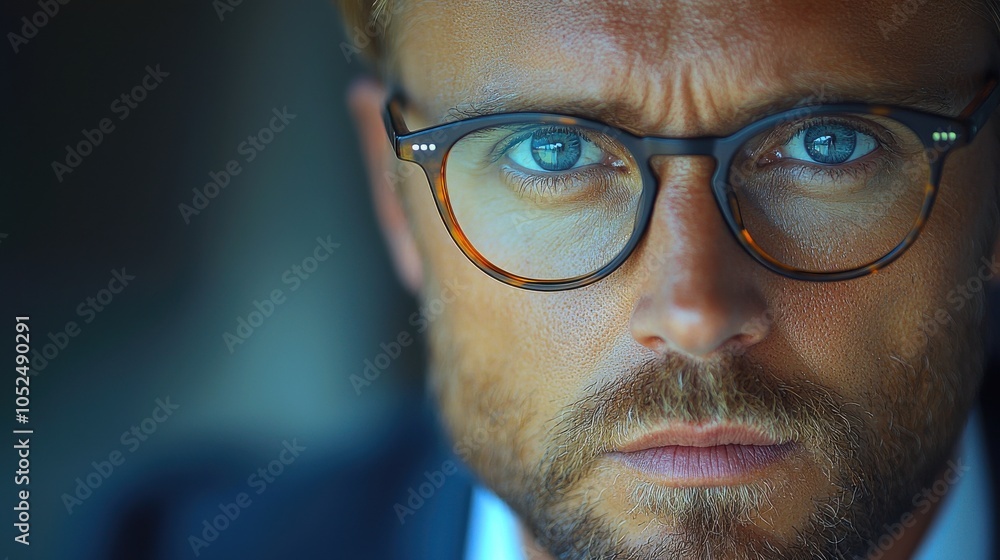 A focused man with glasses gazes intently, showcasing determination and confidence in a professional setting A focused man with glasses gazes intently, showcasing determination and confidence in a professional setting