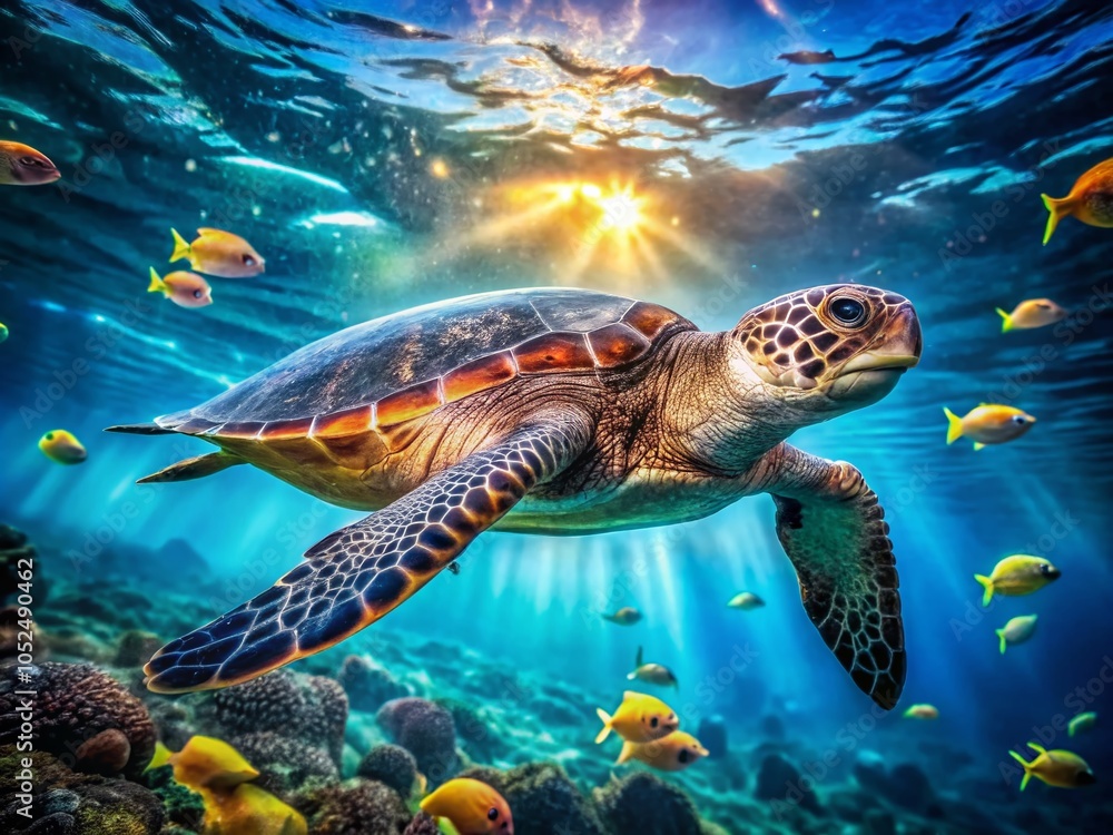 Fototapeta premium Stunning Long Exposure of a Large Leatherback Sea Turtle Gliding Through the Ocean Depths