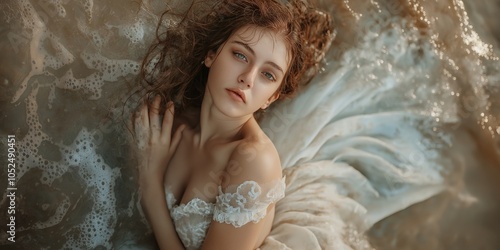 A woman in a white lace dress is caught in ocean waves, embodying freedom and connection with nature's raw beauty. photo