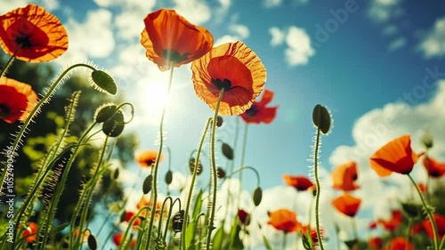 Bright red poppies reach for the sun in a field on a sunny day