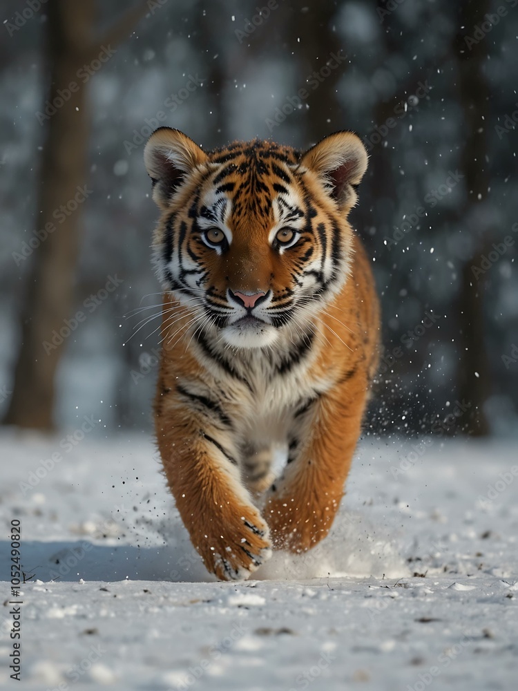 Obraz premium Focused tiger cub charging through a snowy landscape.