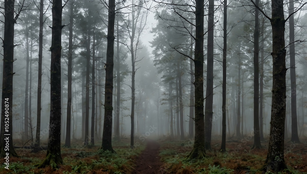 Foggy forest panorama on a misty day. Foggy forest panorama on a misty day.