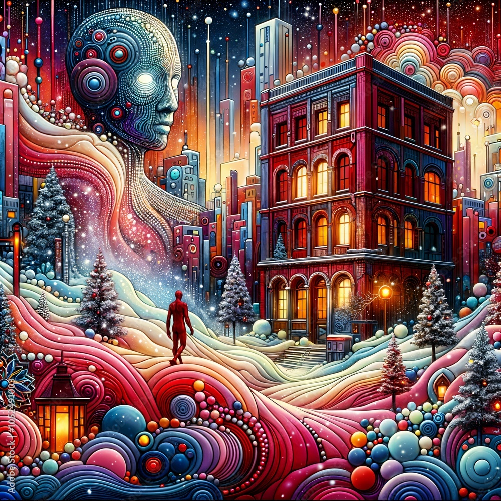 A surreal landscape features a large humanoid face composed of intricate patterns overlooking a vivid cityscape. As a solitary figure walks through a colorful, undulating terrain, (Gen, A.I.) A surreal landscape features a large humanoid face composed of intricate patterns overlooking a vivid cityscape. As a solitary figure walks through a colorful, undulating terrain, (Gen, A.I.)