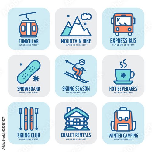 Alpine Skiing Resort Sign Color Thin Line Icon Concept Labels Set. Vector illustration of Mountain Express Bus, Snowboard and Winter Home