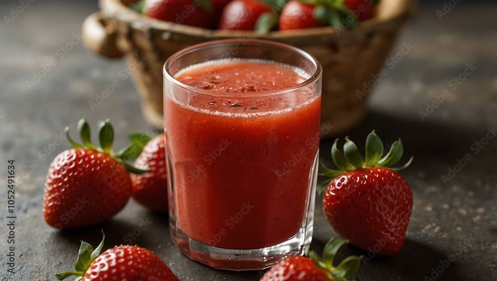Fresh strawberry juice alongside whole strawberries. Fresh strawberry juice alongside whole strawberries.