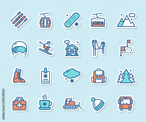 Ski Resort Sticker Color Thin Line Icon Set Include of Snowboard, Funicular and Bus. Vector illustration