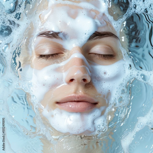 Caucasian woman enjoying a spa treatment with a cosmetic face mask submerged in clean water with closed eyes