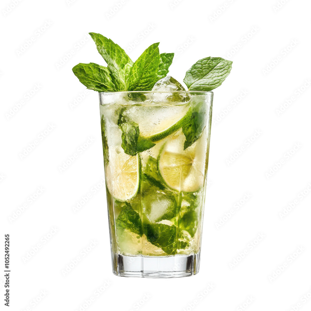 A chilled mojito cocktail glass with visible ice, lime slices isolated on transparent background (2) A chilled mojito cocktail glass with visible ice, lime slices isolated on transparent background (2)
