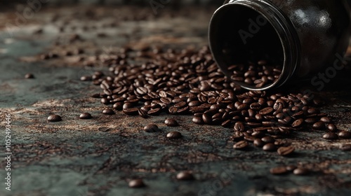 Coffee beans scattered from the jar close up background. photo