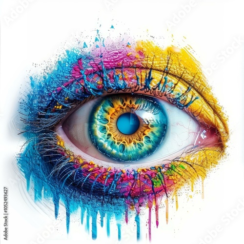 Close up of an eye showcasing vibrant, dripping makeup in a colorful paint splatter effect