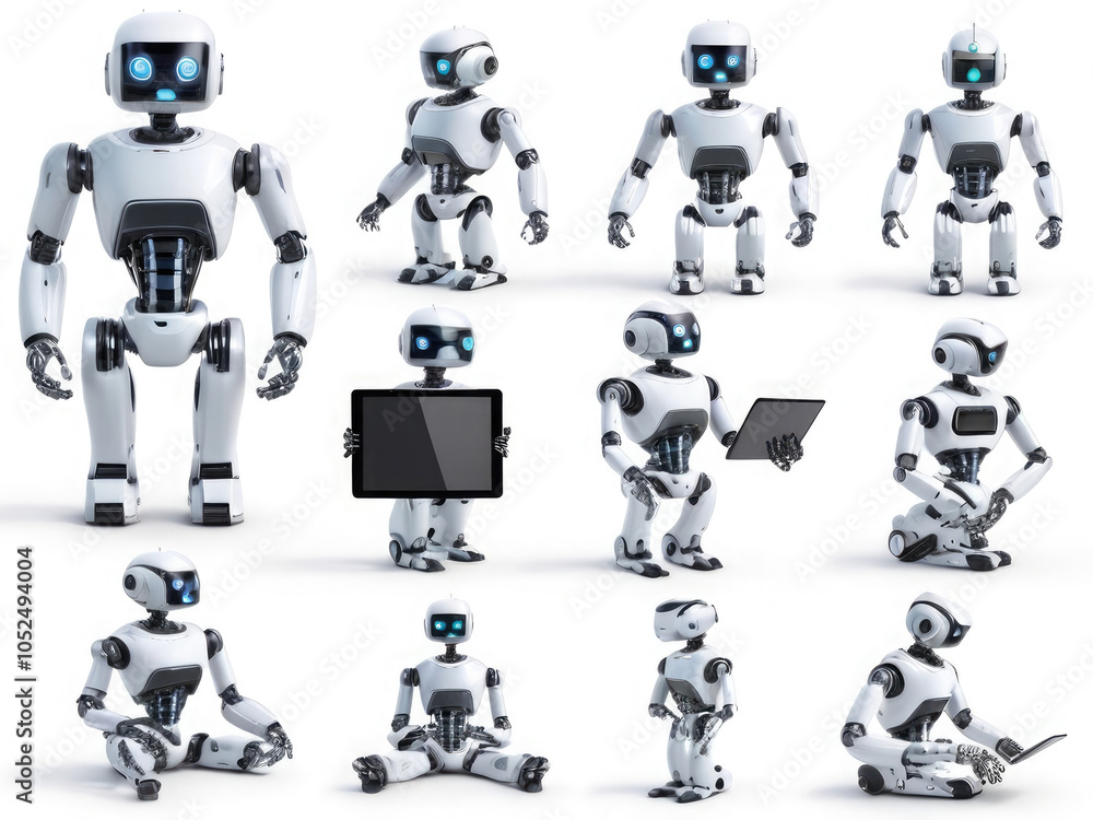 Collection of Ai robot using tablet isolate on white bacground Collection of Ai robot using tablet isolate on white bacground