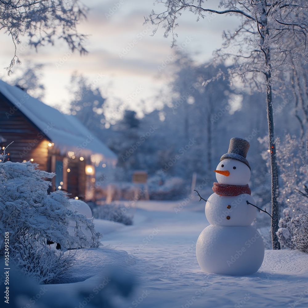 Obraz premium A snowman stands in a snowy scene.