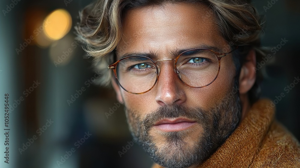 A portrait of a stylish man with glasses and tousled hair enjoying a thoughtful moment in a cozy indoor setting during the day A portrait of a stylish man with glasses and tousled hair enjoying a thoughtful moment in a cozy indoor setting during the day