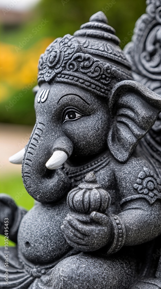 Fototapeta premium Close-up of a gray stone statue of Ganesha, the Hindu god of wisdom and good fortune.