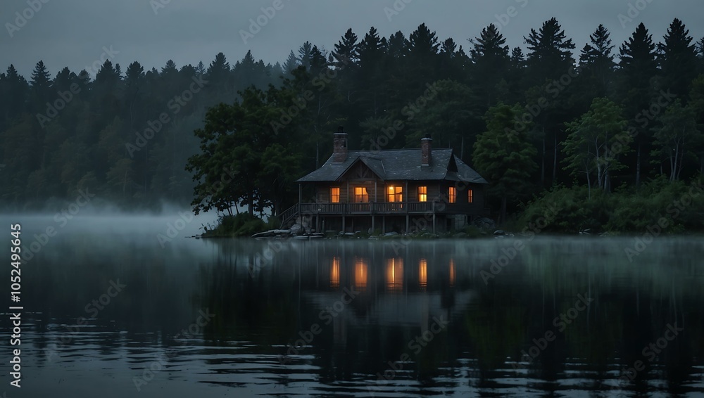 Naklejka premium Haunted lake house at dusk with eerie misty forest