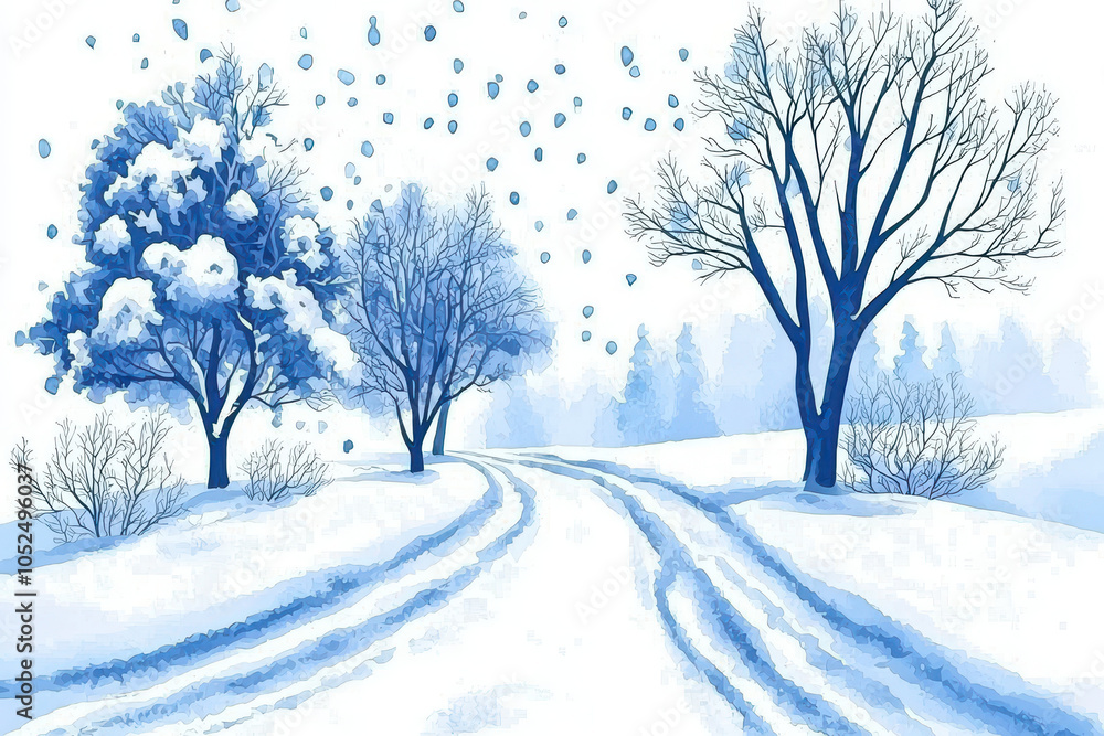 Obraz premium A serene winter landscape with snow-covered trees lining a snowy path, under a gentle snowfall, creating a peaceful atmosphere.