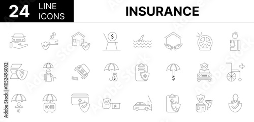 Collection of 24 insurance line icons featuring editable strokes. These outline icons depict various modes of insurance, bank, car, pack, set, safe, vector, business, design, 