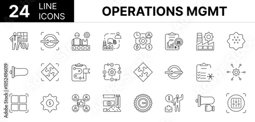 Collection of 24 Operations management line icons featuring editable strokes. These outline icons depict various modes of Operations management, Efficiency, Operation, Process, Set, Document, Effectiv