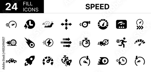 Collection of 24 Speed fill icons featuring editable strokes. These outline icons depict various modes of Speed, fast, accelerate, boost, rocket, speedometer, 