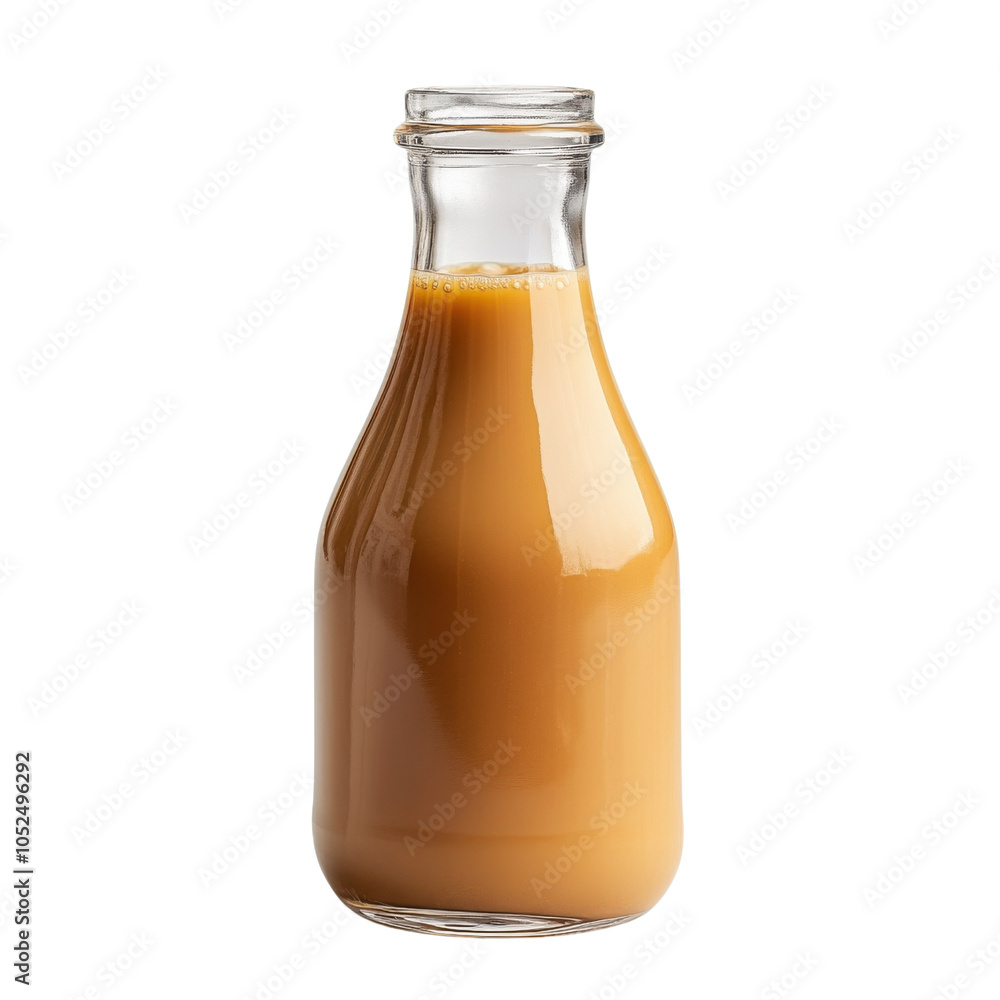 A clear glass bottle of creamy coffee milk with a smooth, caramel-colored isolated on transparent background (4) A clear glass bottle of creamy coffee milk with a smooth, caramel-colored isolated on transparent background (4)