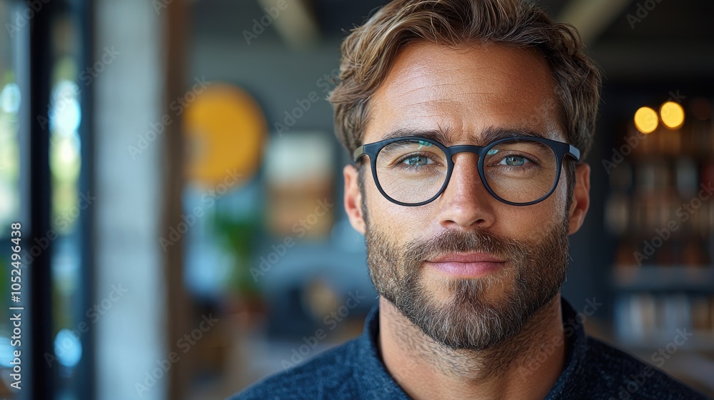 A young man in stylish eyeglasses poses confidently indoors at a cozy cafe during daylight hours A young man in stylish eyeglasses poses confidently indoors at a cozy cafe during daylight hours