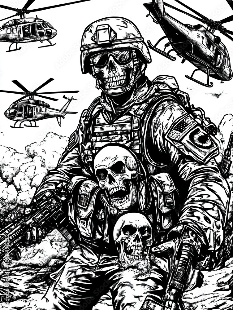 Fototapeta premium Create a design illustration depecting a military patch. Featuring A soldier holding with a skull head. Holding two heads of a terrorists, with a background of US flag and helicopters. generative ai