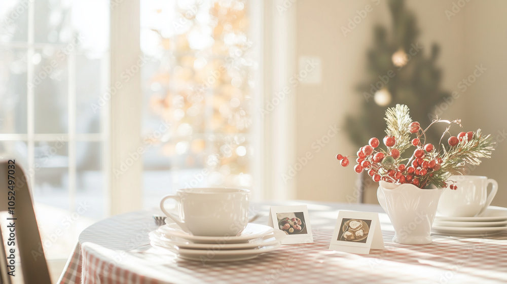 Cheerful Breakfast Nook with Polaroid Cards and Festive Decor Cheerful Breakfast Nook with Polaroid Cards and Festive Decor