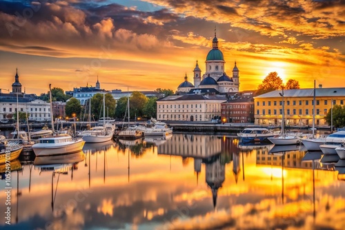 Sunset View over South Harbour and Cathedral in Helsinki, Uusimaa County, Finland