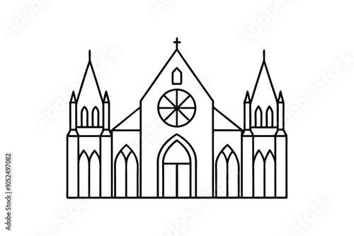 Gothic Cathedral Silhouette Vector: Elegant Black and White Illustration of Iconic Religious Architecture and Heritage