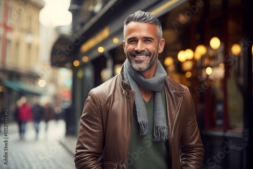 Portrait of a handsome man walking in a city street. Men's beauty, fashion.