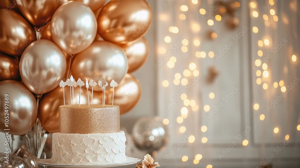A celebration of joy exquisite cake surrounded by golden balloons and twinkling lights for the perfect festive atmosphere A celebration of joy exquisite cake surrounded by golden balloons and twinkling lights for the perfect festive atmosphere