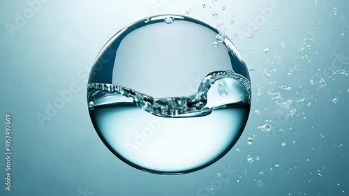 Drifting skincare bubble in water. Blue liquid sphere with collagen, vitamins, 3d render